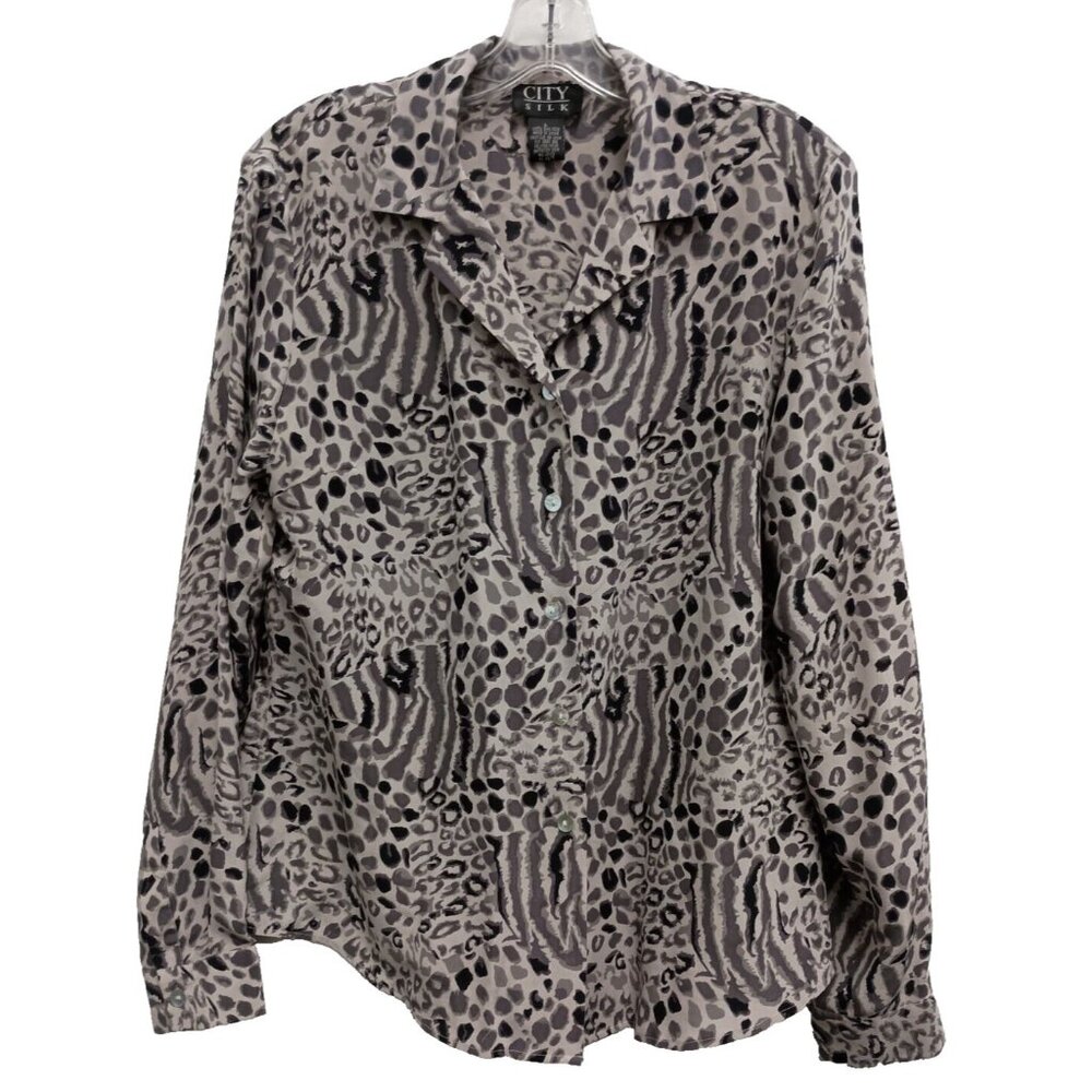 VTG 90s City Silk Womens Animal Print Blouse Top‎ Large Black Silk Long Sleeve